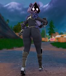 3d absurd_res anthro ass bear big_breasts blender_(software) blender_cycles boots breasts butt_focus captain_meez clothing epic_games female footwear fortnite fur genitals gun headgear headwear hi_res hood humanoid mammal metal_boots owo plant purple_body purple_fur pussy ranged_weapon raven_team_leader shotgun solo tree walking weapon