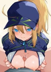 1boy ahoge artoria_pendragon_(fate) baseball_cap bikini blonde_hair blue_eyes blue_jacket blush breast_hold breasts breasts_out censored commission ear_blush fate/grand_order fate_(series) female hat highres jacket looking_at_viewer mosaic_censoring mysterious_heroine_xx_(fate) mysterious_heroine_xx_(foreigner) nipples nonoyama paizuri penis ponytail pov pov_crotch simple_background skeb_commission small_penis straight sweat swimsuit white_background white_bikini