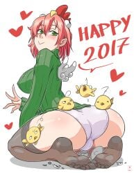 2017 ass big_breasts birds blush egg feet green_eyes kawa-v large_breasts nipples_visible_through_clothing panties pink_hair pussy_visible_through_clothes soles stockings toes wings