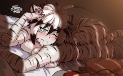 after_sex ass bed big_breasts blue_eyes blush born_of_itheriont feline furry hangover kawa-v kazan_eld large_breasts male/female miia_disain multicolored_hair red_hair short_hair tail tiger