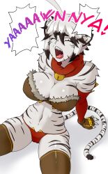 big_breasts born_of_itheriont feline female furry gloves kawa-v large_breasts miia_disain multicolored_hair short_hair solo solo_female tail text thick_thighs tiger yawn