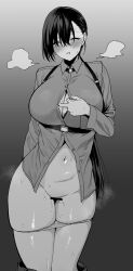 amano_don bar_censor blush breasts censored closed_eyes collared_shirt commentary_request female gradient_background greyscale highres large_breasts long_hair long_sleeves monochrome navel original original_character panties panty_pull parted_lips partially_unbuttoned pussy_juice shirt smile solo thighs underwear