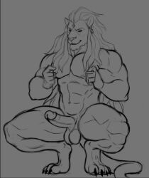 anthro belwulf claws crouching dislyte ear_piercing ear_ring erection felid hair javid_(dislyte) jewelry lion long_hair male mammal muscular muscular_anthro muscular_male nipple_fetish nipple_play nude pantherine piercing ring_piercing solo