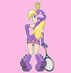 anus anus_peek back_view blonde_hair blue_eyes crown hand_on_hip hyperjerk mario_(series) mario_tennis purple_boots purple_dress pussy tennis_racket vagina wapeach