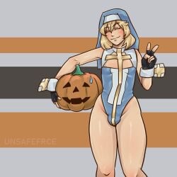 1boy blonde_hair bridget bulge closed_eyes crossdressing femboy girly guilty_gear guilty_gear_strive jack-o'-lantern leotard male_focus male_only nun nun's_habit one-piece_swimsuit only peace_sign pumpkin smashing_pumpkins smile solo sweatdrop tight_clothing trap unsafefrce