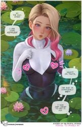 1girls athletic athletic_female blonde_hair blue_eyes blush clothed clothed_female comic comic_page cute dyed_hair english_text eyebrow_piercing female fit fit_female gwen_stacy highres marvel marvel_comics medium_breasts page_9 pink_hair prywinko spider-gwen spider-man:_into_the_spider-verse superhero_ tight_fit two_tone_hair wet wide_hips