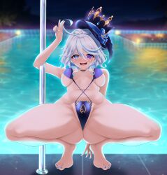 1girls @_@ alternate_breast_size ass_visible_through_thighs barefoot bikini blue_eyes blue_hair blush breasts breasts_apart choker female furina_(genshin_impact) genshin_impact hair_between_eyes hat heterochromia highres hoyoverse mhaknow nail_polish navel night open_mouth outdoors pool poolside purple_eyes short_hair sling_bikini slingshot_swimsuit smile solo spread_legs stripper_pole swimsuit toenail_polish top_hat two_tone_hair v water white_hair