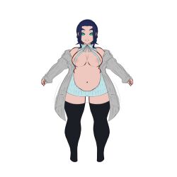 blue_hair breasts breasts_out chubby chubby_female emerald_quadron fat green_eyes hailstone_(vtuber) hailstone_eq nipples plutiechu reverse_virgin_killer_sweater thighhighs virtual_youtuber vtuber wintercat