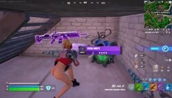 ass_focus big_ass blonde_hair bottomless crouching crouching_female exposed_ass female female_only fortnite gameplay gameplay_screenshot light_skin nude_mod versa_(fortnite) video_games weapon