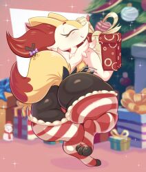 3_toes anthro ass big_ass black_body black_fur braixen christmas christmas_tree closed_eyes clothing eyes_closed feet female fur generation_6_pokemon gift holidays huge_ass illustratorfake legwear multicolored_body multicolored_fur nintendo panties pokemon pokemon_(species) red_body red_fur smile stick stockings tail thick_thighs toes underwear white_body white_fur wide_hips yellow_body yellow_fur