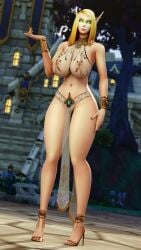 3d_(artwork) big_breasts blonde_hair blood_elf elf elf_female green_eyes guidugalle guimontag heels pinup see-through see-through_clothing warcraft world_of_warcraft