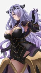 1girls absurdres armor bare_thighs black_panties blush breasts camilla_(fire_emblem) cleavage female female female_only fire_emblem fire_emblem_fates gloves hair_ornament hair_over_one_eye hand_in_own_hair hands_in_hair highres inner_thighs large_breasts long_hair looking_at_viewer nintendo panties pearlbbbb purple_eyes purple_hair simple_background smile solo thighs tiara underwear very_long_hair wavy_hair