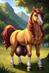 ai_generated anatomically_correct anatomically_correct_genitalia areola big big_crotchboobs big_udders blue_eyes breasts brown_body brown_fur brown_hair cleavage crotch_breasts crotchboobs crotchboobs_visible_through_thighs digital_drawing_(artwork) digital_media_(artwork) equid equine equine_genitalia female female_only feral fur genitals hair hooves horse looking_at_viewer mammal mane multicolored_body multicolored_fur nipples quadruped solo solo_female thick_thighs udders white_body wide_hips