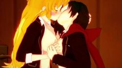 3d alterego animated blonde_hair cape closed_eyes incest kissing koikatsu loop no_sound open_clothes red_hair ruby_rose rwby school_uniform schoolgirl sisters strategically_covered tagme tongue video yang_xiao_long yuri