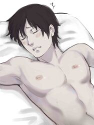 1boy abs absurd_res bed bed_sheet bedding bedsheets black_hair blush boruto:_naruto_next_generations closed_eyes comic couple female_pov hi_res high_resolution highres light-skinned_male light_skin male male_only monday_mint naruto naruto:_the_last naruto_(series) naruto_shippuden nipples on_back on_bed pale-skinned_male pale_skin pillow pink_nipples pov sai shounen_jump solo sweat sweatdrop sweating toned toned_male topless topless_male white_background