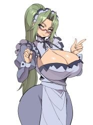 1girls big_breasts breasts cleavage cleavage_cutout female glasses green_hair hanyuu_mizuki huge_breasts maid maid_headdress maid_uniform maniacpaint pointing ponytail purple_eyes smirking vampire_(hentai_ova) vampire_(ova) white_background wide_hips