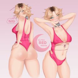 biting_lip blonde_female blonde_hair blue_eyes female oc pink_clothing swimsuit ultraredmoon underboob white_skin