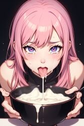 ai_generated bowl crying crying_with_eyes_open cum cum_drinking cum_in_bowl cum_in_container cum_on_tongue female forced gokkun open_mouth pink_hair scarlethblood tongue tongue_out violet_eyes