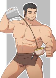 1boy apron ass_visible_through_thighs bara barista beard_stubble black_hair brown_apron casual closed_eyes closed_mouth coffee_cup coffee_pot cup disposable_cup dounoo dounooo erect_penis feet_out_of_frame flaccid gay highres holding holding_cup large_pectorals lucas_lee male male_focus male_only muscular muscular_male naked_apron outerwear pale_skin pectorals penis penis_peek scott_pilgrim scott_pilgrim_takes_off short_hair smile solo solo_male thick_eyebrows topless_male waist_apron