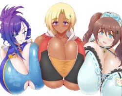 3girls blonde_hair blue_eyes blue_hair blush boob_window breasts brown_hair cleavage dark-skinned_female dark_skin eyebrows_visible_through_hair female_only gigantic_breasts hair_ornament headdress hosho_elena_zangle kagami_kana kahkitimeyear light-skinned_female light_skin oomune_tayuyu purple_eyes tama_project twintails virtual_youtuber