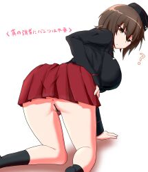 anus ass breasts brown_eyes brown_hair censored cube_(huidama) female from_behind garrison_cap girls_und_panzer kuromorimine_military_uniform large_breasts looking_at_viewer looking_back nishizumi_maho no_panties pubic_hair pussy short_hair solo translated