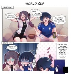 1boy 1girls bet betting blue_eyes blue_hair cheering clothed clothing couch dialogue english_text female fifa football football_uniform frown genshin_impact green_eyes happy heart hoyoverse imminent_sex implied_kiss implied_sex koviiyay laugh long_hair lunging male male/female mona_(genshin_impact) purple_hair pushing_down scaramouche_(genshin_impact) sitting soccer soccer_uniform speech_bubble sportswear straight twintails watching_tv world_cup