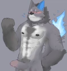 arm_on_hip balls bara blue_eyes blue_fire blush doodle_world furry gray_fur humanoid_penis icerary leaking_cum male male_only muscular muscular_male nipples penis roblox roblox_game self_upload simple_background solo solo_male tagme tufflaze wolf