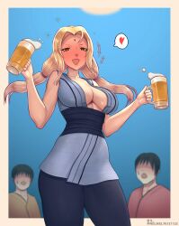 1girls 2boys alcohol bare_arms bare_shoulders beer beer_glass beer_mug black_hair blonde_hair boruto:_naruto_next_generations brown_eyes cleavage cute drunk female female_focus forehead_jewel forehead_mark fully_clothed hair_ribbon heart high_resolution highres inner_sideboob large_breasts light-skinned_female lips lipstick love_heart makeup male mature mature_female milf narrowed_eyes naruto naruto:_the_last naruto_(classic) naruto_(series) naruto_shippuden nelnel76121122 no_bra open_mouth perky_breasts pink_lips pink_lipstick pinup pose posing presenting_breasts ribbon ribbons shounen_jump skimpy skimpy_clothes sleeveless sleeveless_dress smile smiling standing sweat sweatdrop tied_hair tsunade twintails wide_hips yukata