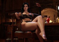 1girls 3d barefoot big_breasts black_hair cd_projekt_red crossed_legs entitledgoose feet female female_only light-skinned_female sitting the_witcher_(series) the_witcher_3:_wild_hunt thick_thighs yennefer