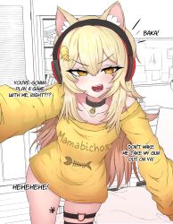 1girls bed bed_sheet bedroom blonde_hair book books cat_ears catgirl clothed clothing commission door english_text feline female female_focus female_only flavr food_themed_hair_ornament gamer gamer_girl hair hair_ornament headphones heart hispanic hispanic_virtual_youtuber inside light-skinned_female light_skin long_hair looking_at_viewer mayoartworks medium_breasts meme neckwear nyana_banyana open_mouth oversized_clothes oversized_shirt paw_tattoo skirt solo teeth text text_on_clothing text_on_shirt thick_thighs virtual_youtuber vtuber yellow_clothing yellow_eyes