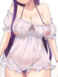 breasts cleavage collarbone commentary_request covered_navel covered_nipples dress female fern_(sousou_no_frieren) frills head_out_of_frame highres huge_breasts lingerie long_hair panties partially_visible_vulva purple_hair purple_panties see-through see-through_dress shiroi_ume short_dress simple_background solo sousou_no_frieren thong underwear very_long_hair white_background white_dress