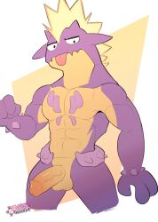 abs amped_toxtricity anthro balls casual_nudity fingers generation_8_pokemon genitals hi_res humanoid_genitalia humanoid_hands humanoid_penis jagshiro male male_focus male_only muscular muscular_anthro muscular_male nintendo nude pecs penis pokemon pokemon_(species) purple_body simple_background solo solo_male tongue tongue_out toxtricity