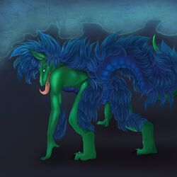 2011 adiago anthro anus blue dragon female flat_chest green looking_back nude presenting pussy raised_tail solo tail tongue