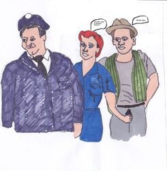 1girls 2boys alice alice_kramden black_hair blue_eyes brown_eyes brown_hair cheating_husband cheating_wife ed_norton hair hand_in_pants holding_penis honeymooners human norton pants_open ralph ralph_kramden red red_hair vest