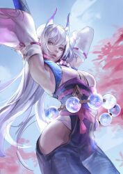 1girls armpit female horns kassian.art league_of_legends long_hair oni_horns spirit_blossom_series spirit_blossom_syndra syndra white_hair