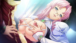 breasts breasts_out censored emeraria erect_nipples female glasses kyonyuu_fantasy kyonyuu_fantasy_gaiden large_breasts male naughty_face nipples paizuri penis pink_hair straight waffle