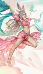 female final_fantasy final_fantasy_xiv grey_hair kassian.art long_hair pink_clothing viera