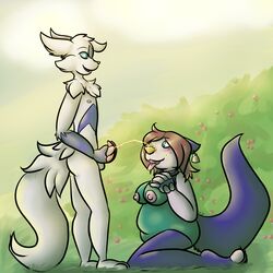 anthro blush breasts chest_tuft chubby color day empa female fur green_eyes hair male nipples nude open_mouth oshawott otter outdoors overweight peeing penis pokemon pokemon_(species) smile straight tongue urine watersports what ycr zangoose