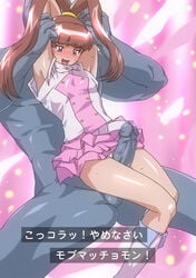 bare_shoulders blush digimon digimon_xros_wars dress female flat_chest gureko_rouman japanese_text long_hair nene_amano outercourse panties purple_eyes red_hair thigh_sex thighs underwear