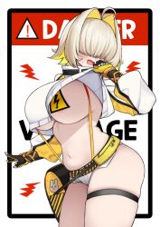 ahoge blonde_hair breasts clothes_lift cute_fang elegg_(nikke) embarrassed female goddess_of_victory:_nikke hair_over_eyes huge_breasts nago_purin navel no_bra pasties shirt_lift short_shorts shorts surprised surprised_face thigh_strap