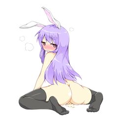 after_sex animal_ear ass black_legwear blush bunny_ear cum cum_inside drooling fat_mons hatsunatsu highres long_hair looking_back no_panties nude purple_hair pussy red_eyes reisen_udongein_inaba sitting thighhighs touhou uncensored