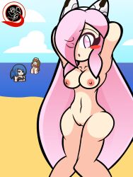 1boy 3girls agni ami_(gwain_saga) armpits arms_behind_head arms_up barefoot beach beach_background big_ass big_breasts blush blushing_at_viewer breasts breasts_out cat_ears cat_ears_hairband color colored completely_nude completely_nude_female dat_ass deva_(gwain_saga) female gwain_saga headband lanney light-skinned_female long_hair looking_at_viewer naked naked_female navel nipples nude nude_female nudist nudist_beach ocean one_eye_closed pink_eyes pink_hair public pussy raymanx swimsuit swimwear tits_out vagina