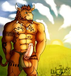 abs anthro balls beard biceps bovine erection facial_hair field furry grass green_eyes loincloth lubion male male_only muscles necklace no_humans pecs penis scar solo tattoo tauren uncut video_games warcraft world_of_warcraft