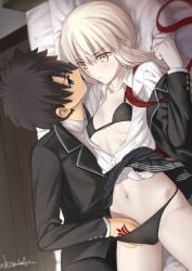 1boy absurdres artoria_pendragon_(fate) besmiled black_bra black_hair black_jacket black_panties black_skirt blonde_hair blue_eyes blush bra breasts command_spell fate/grand_order fate_(series) female fingering fujimaru_ritsuka_(male) highres jacket long_hair long_sleeves low_ponytail lying medium_breasts navel on_back open_clothes open_jacket panties saber_alter school_uniform short_hair sidelocks skirt straight thighs underwear yellow_eyes