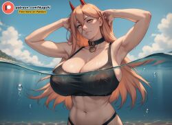 ai_generated big_breasts big_nipples blonde_hair bra chainsaw_man horns nugoai power_(chainsaw_man) water