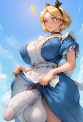 1futa ai_generated alice_in_wonderland alternate_hairstyle apron blonde_hair blue_eyes bulge crotch_bulge dress futa_only futanari hairband huge_balls huge_breasts huge_cock literature penis_bulge pubic_hair public_domain short_hair solo