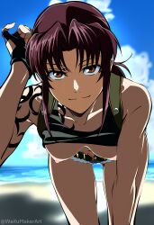 1girls ai_generated beach bent_over black_lagoon breasts breasts breasts_out female fixing_hair looking_at_viewer nipples revy shirt_lift short_shorts smile tits_out waifumakerart