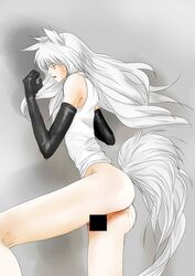 animal_ears ass blush bottomless censored closed_eyes cum cum_in_ass fox_ears girly gloves kitsune leaking leg_lift little_penis long_hair male male_only no_panties pale silver_hair skinny solo tail used wide_hips yoko_kurama yu_yu_hakusho