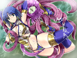 blue_hair breasts character_request china_dress chinese_clothes cleavage cleavage_cutout elbow_gloves gloves green_eyes high_heels original panties rape sasana shoes short_hair slime tentacle thighhighs torn_clothes underwear