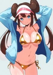 1female 1girls 2d 2d_(artwork) 2d_artwork big_breasts bikini bikini_bottom bikini_top blue_eyes breasts brown_eyebrows brown_hair double_bun female female_focus female_only fit_female game_freak happy happy_female hips jacket kamidan large_breasts light-skinned_female long_hair looking_at_viewer navel nintendo pokemon pokemon_(game) pokemon_bw2 rosa_(pokemon) simple_background slim_waist smile smiling_at_viewer thighs very_long_hair visor_cap white_background wide_hips